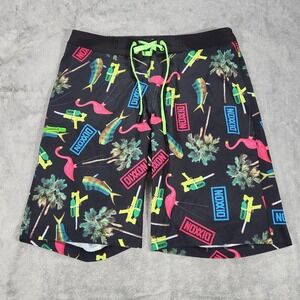 Dixxon Board Shorts Mens 32 Black Neon Tropical Flamingo Fish Swim Trunks